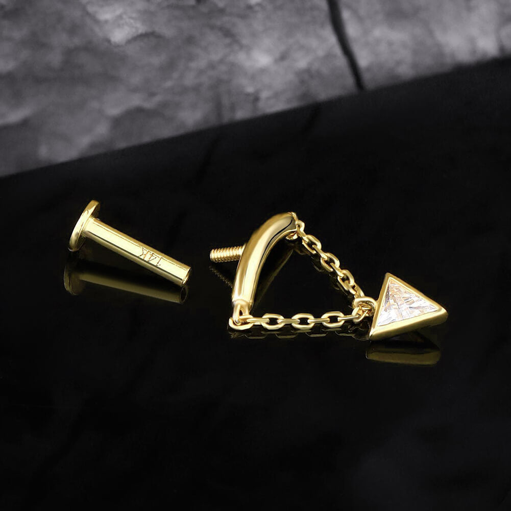 14K Gold Triangle CZ Dangle Internally Threaded Helix Earring