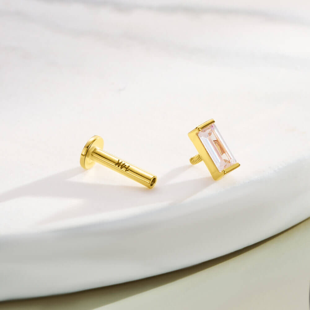 14K Gold Rectangle CZ Cartilage Stud