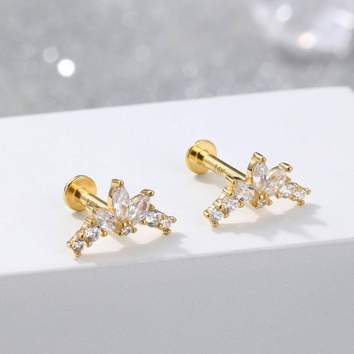 14K Gold Flower Petal CZ Labret Stud