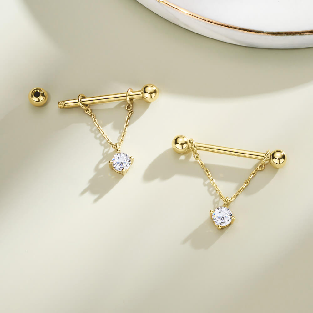 14K Gold CZ Removable Dangle Nipple Ring