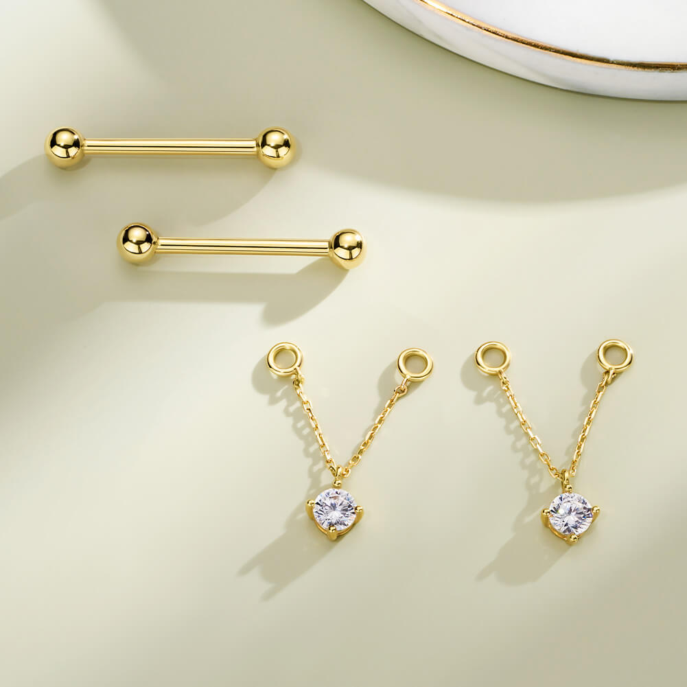 14K Gold CZ Removable Dangle Nipple Ring