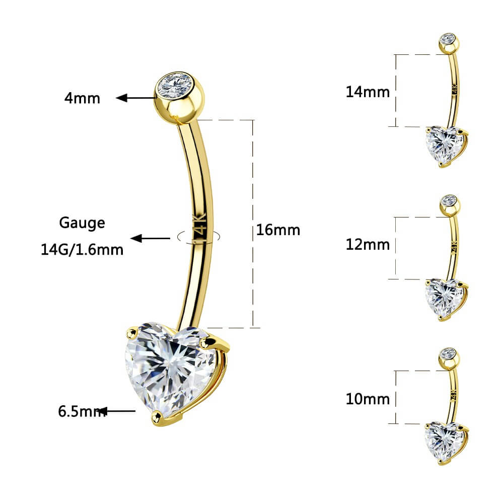 14K Gold Heart CZ Belly Ring