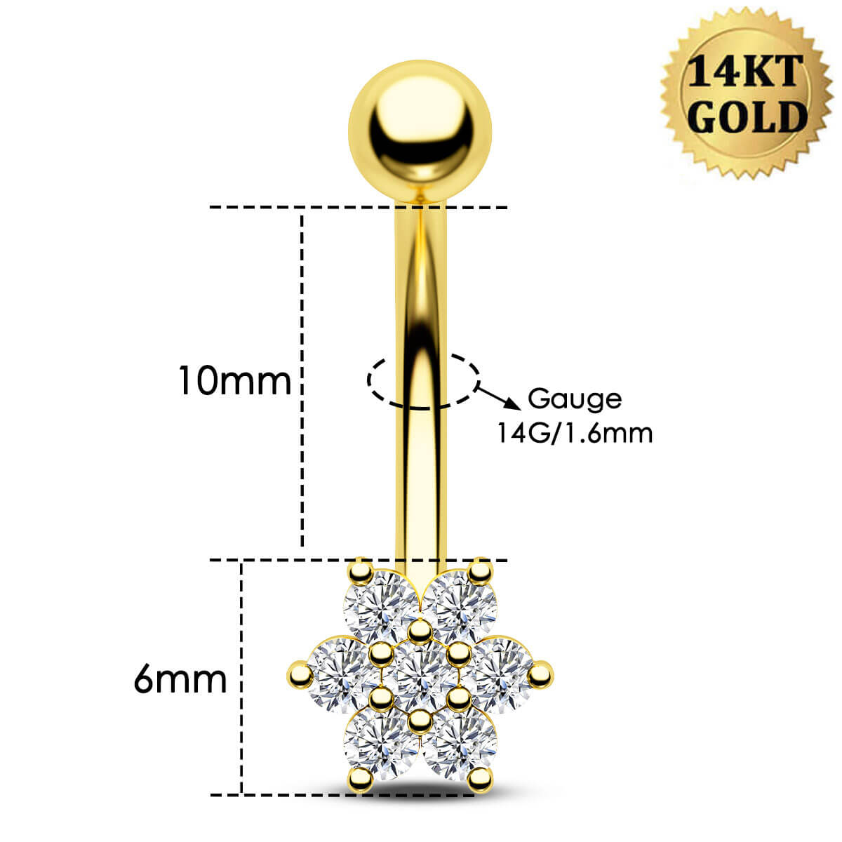 14K Gold CZ Snowflake Belly Ring