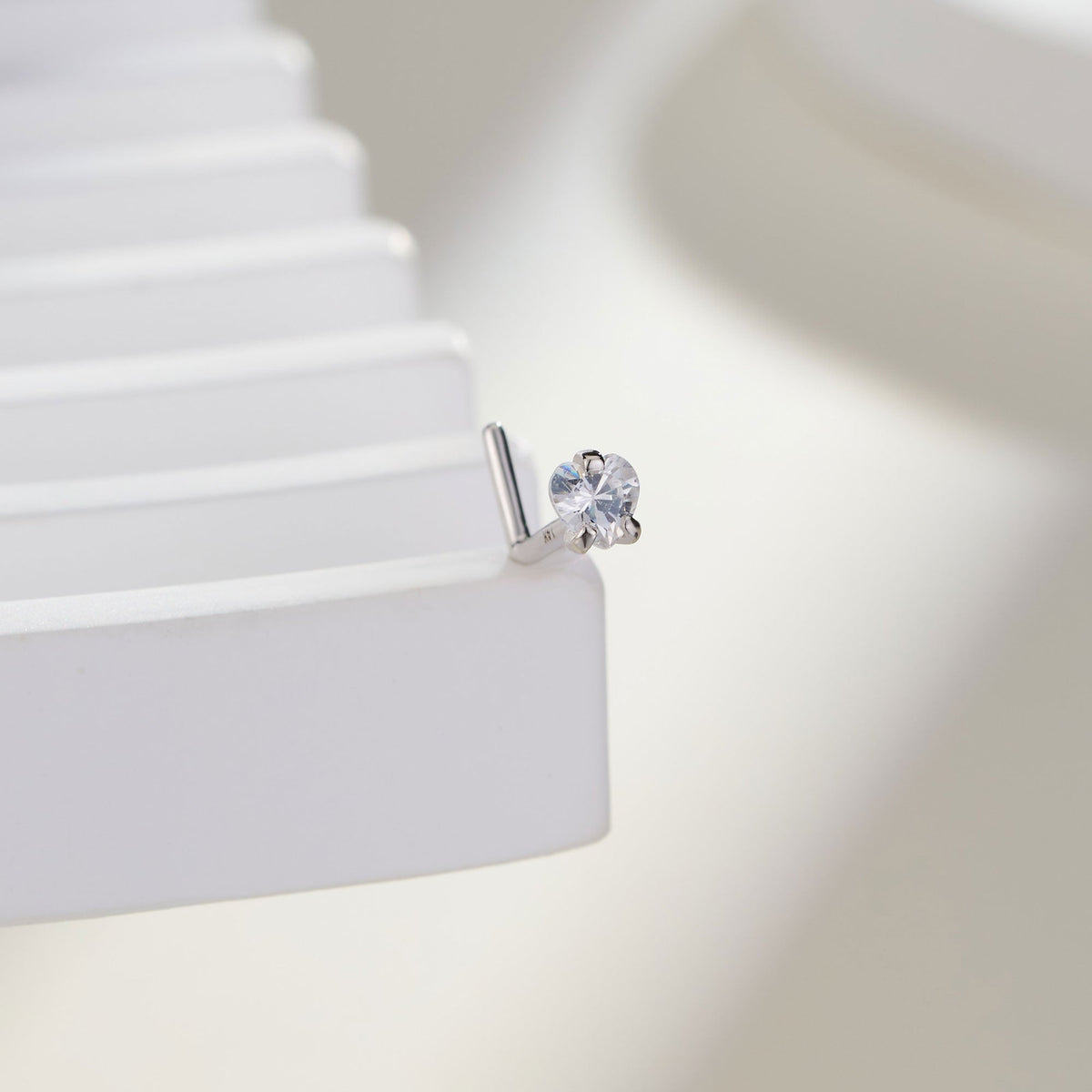 14K White Gold Heart CZ L-Shaped Nose Stud