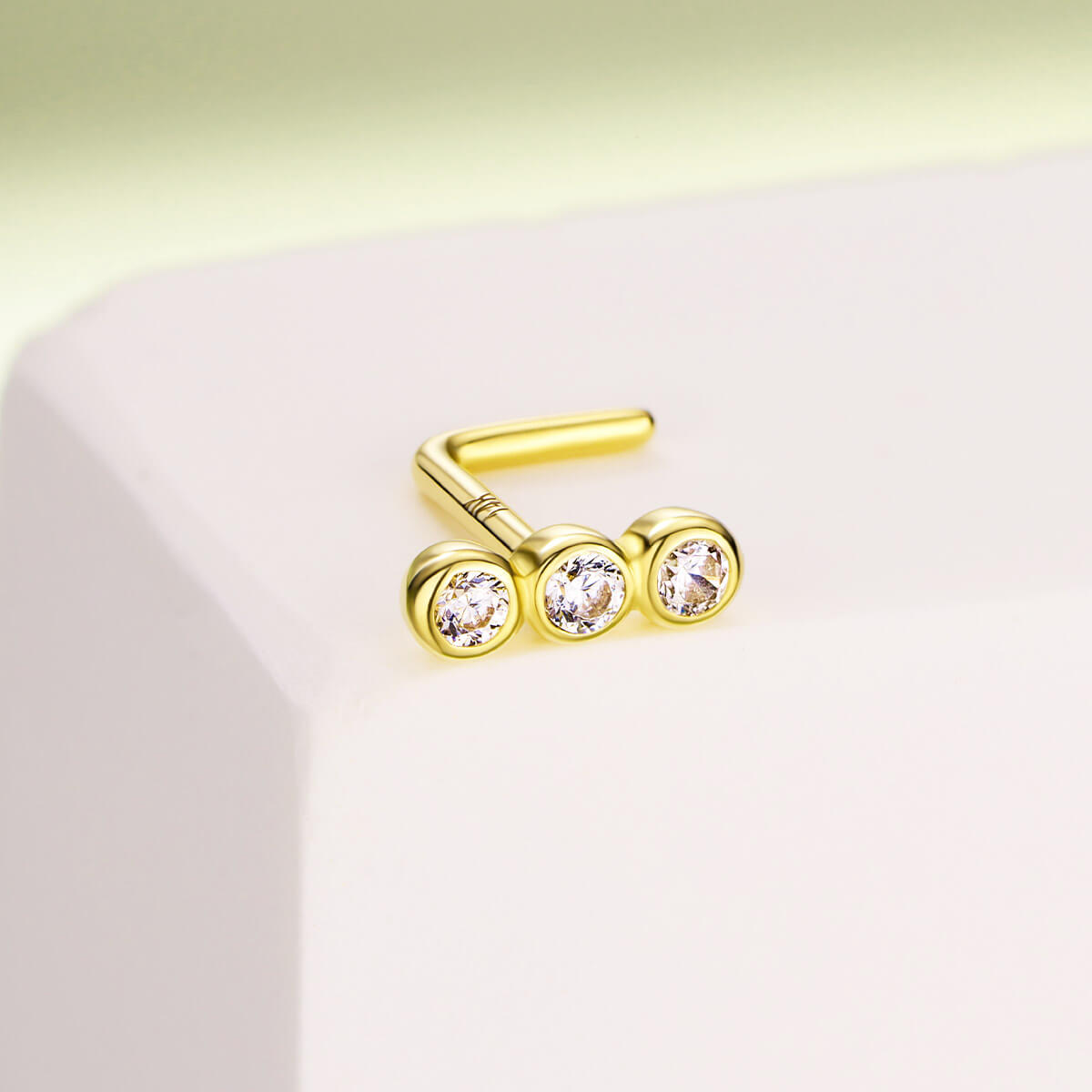 14K Gold CZ Beads Top L-Shape Nose Stud