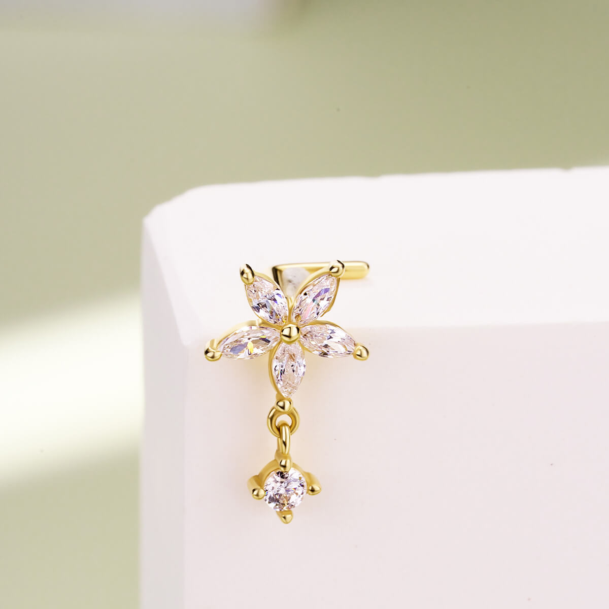 14K Gold CZ Flower L-Shape Dangle Nose Stud