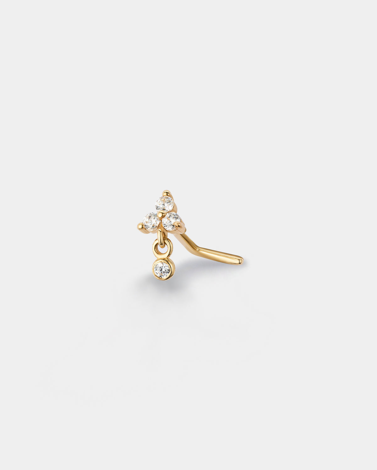 14K Solid Gold Triple CZ L-Shaped Nose Stud