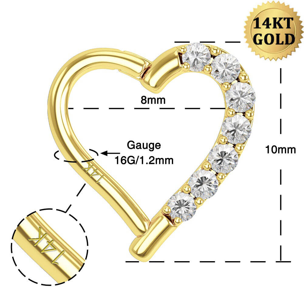 14K Gold CZ Heart Shaped Daith Earring