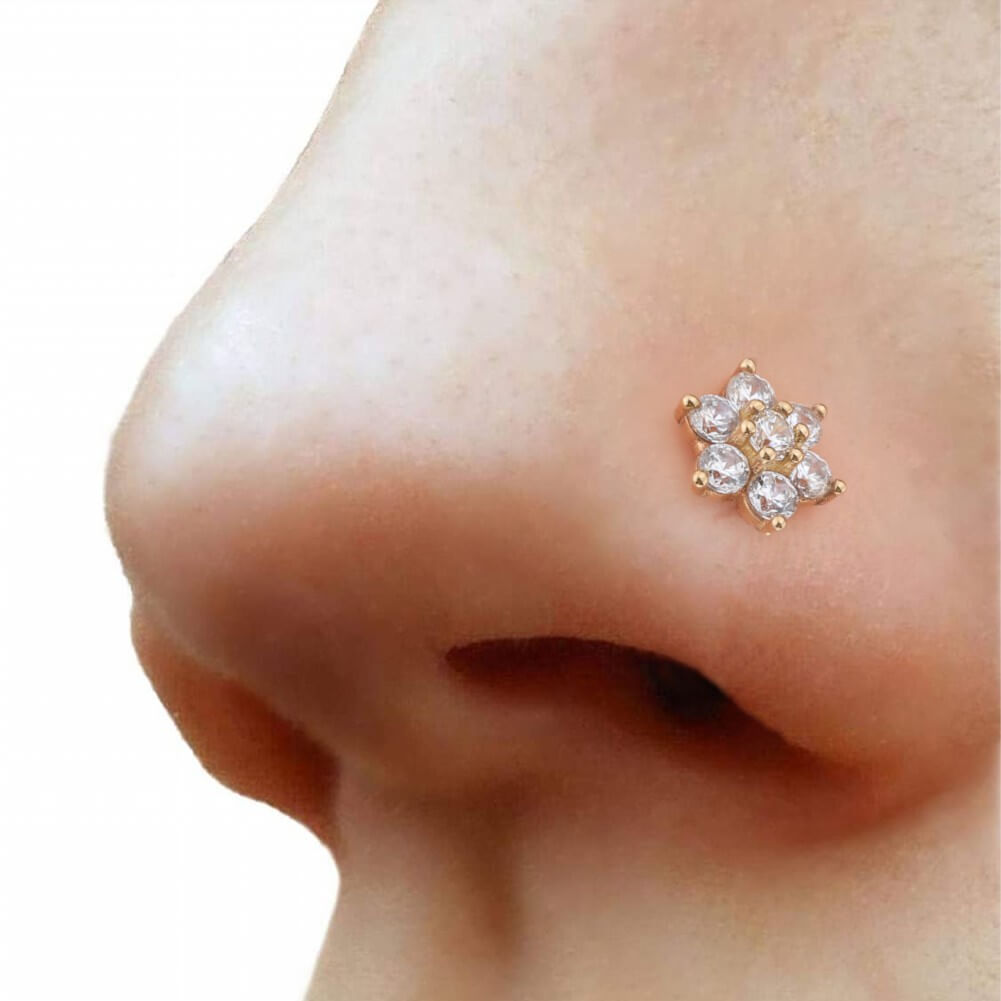 14K Gold CZ Flower Threadless Nose Stud