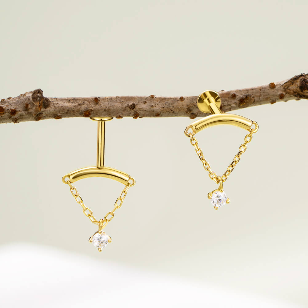 14K Gold Dangle Chain CZ Threadless Earring