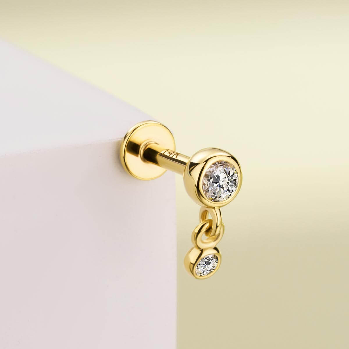14K Gold CZ Bead Dangle Threadless Nose Stud