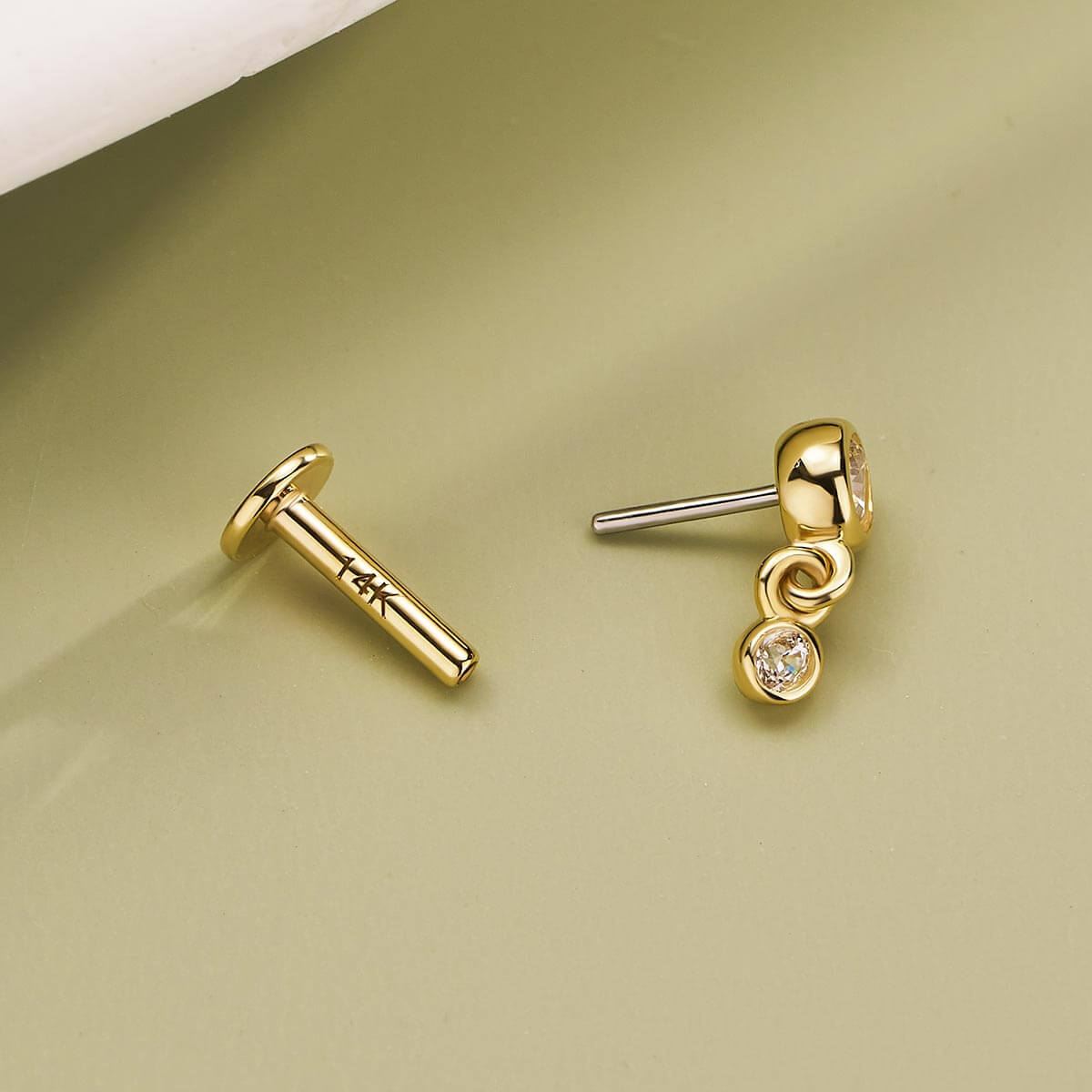 14K Gold CZ Bead Dangle Threadless Nose Stud
