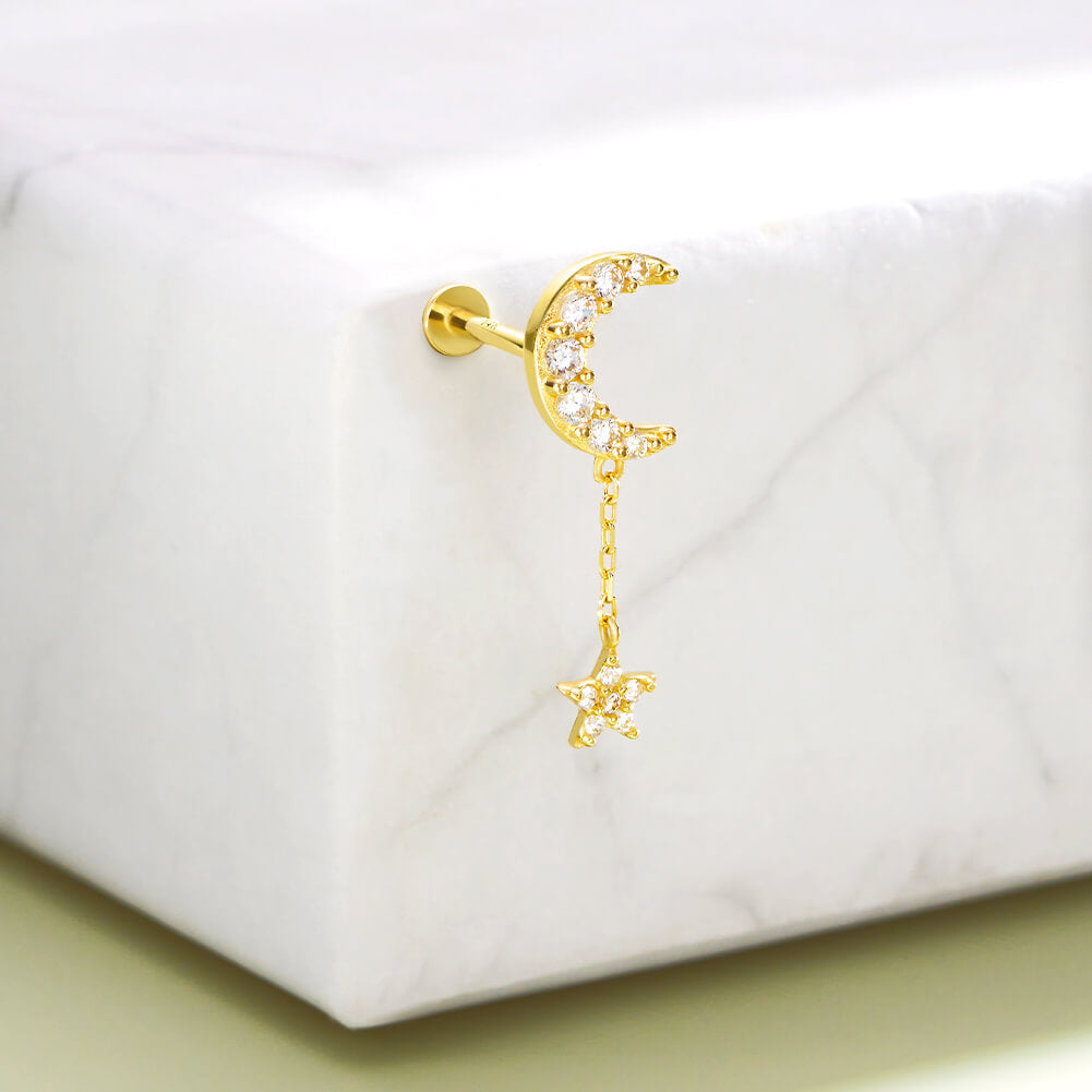 14K Gold Moon & Star Dangle Threadless Helix Earring