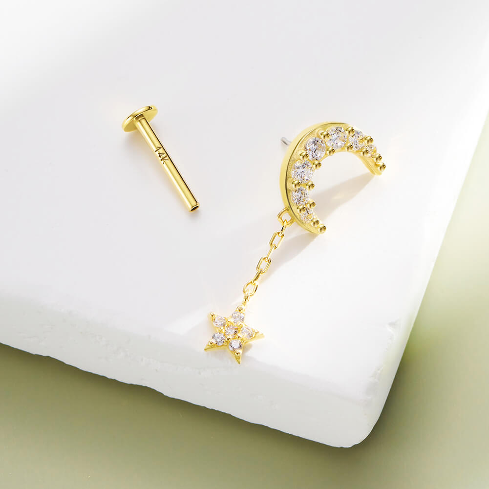 14K Gold Moon & Star Dangle Threadless Helix Earring