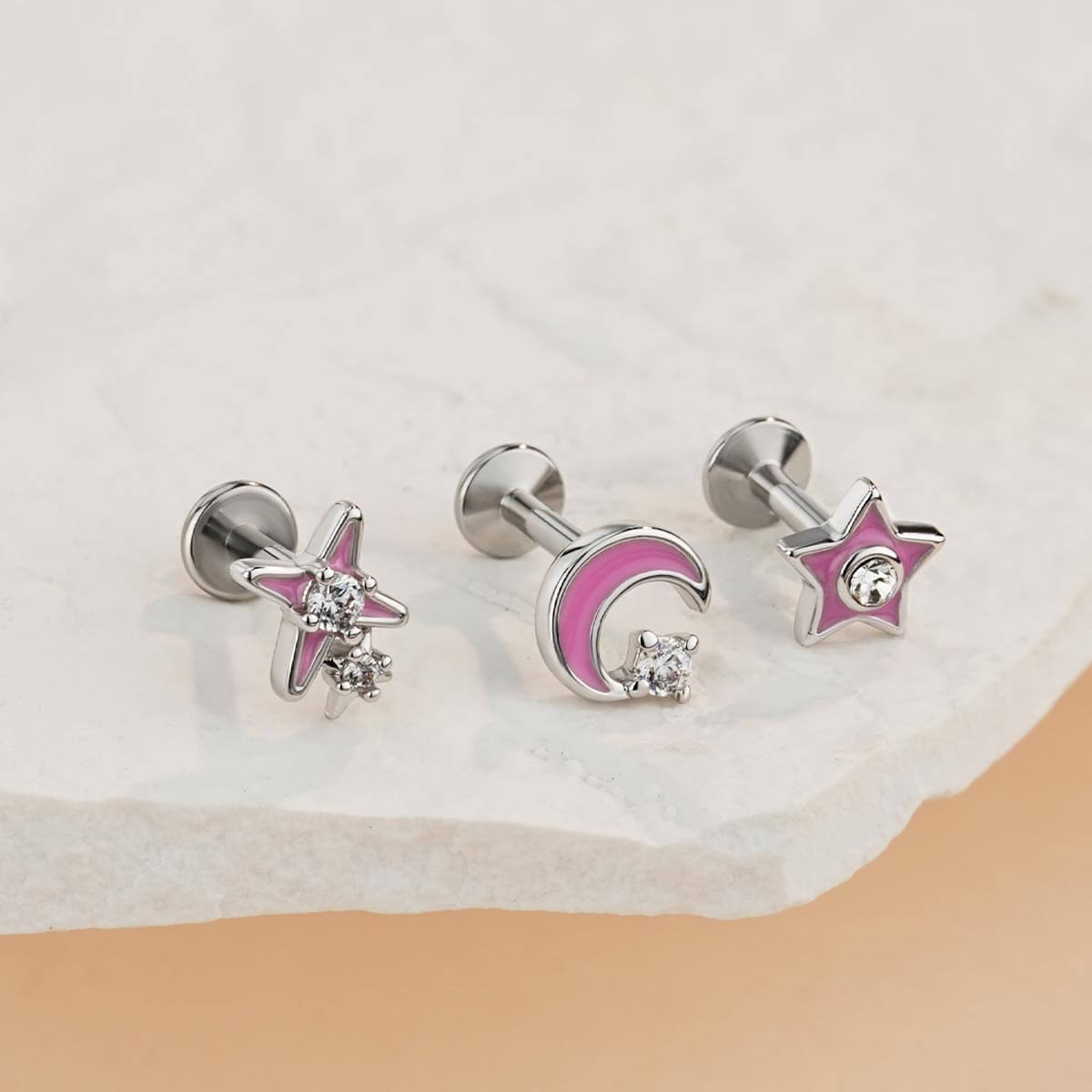 3PCS Pink Moon Star Internally Threaded Helix Stud