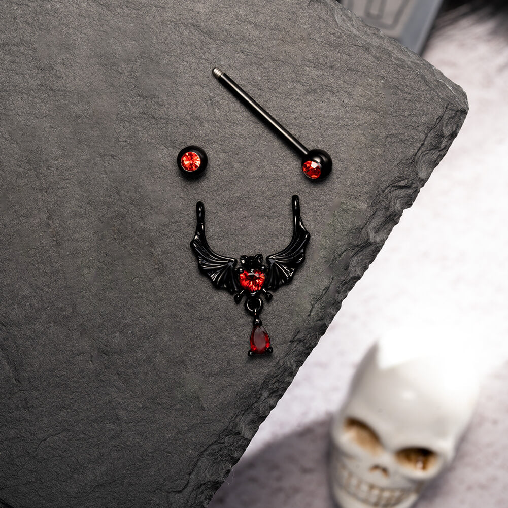 2PCS Bat Red Gems Dangle Nipple Barbell Rings