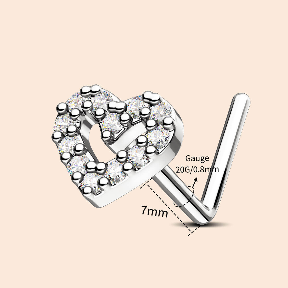 Hollowed CZ Heart L-Shaped Nose Stud