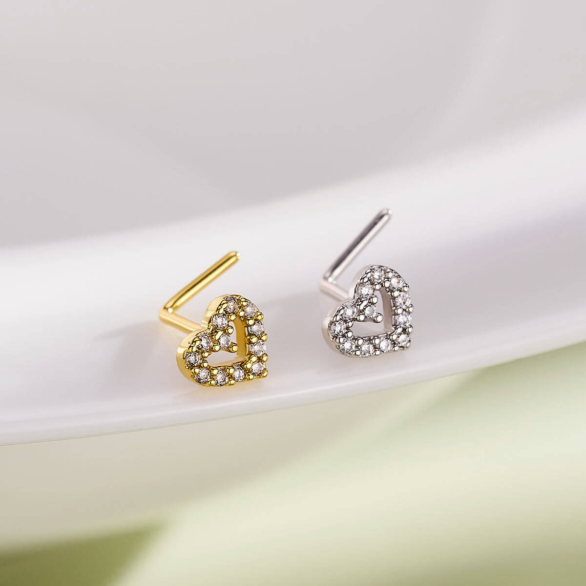 Hollowed CZ Heart L-Shaped Nose Stud