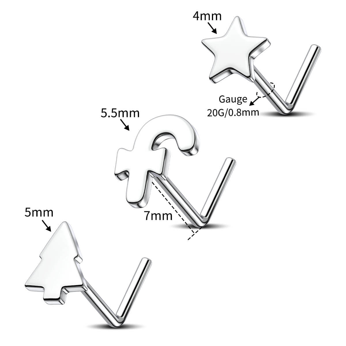 3PCS Star/Candy Cane/Tree Nose Studs Set