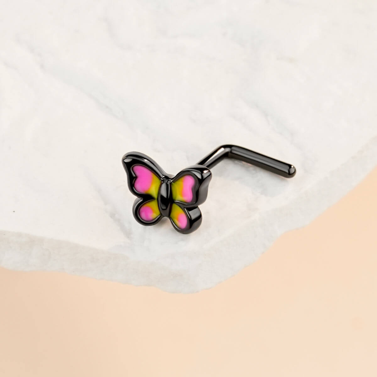 Black Pink Butterfly L-Shaped Nose Stud