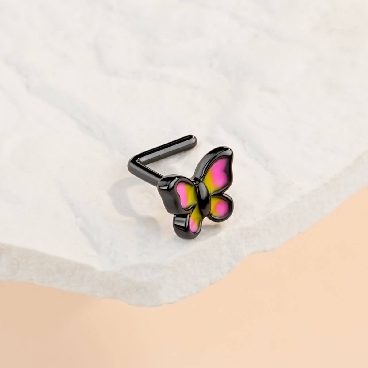 Black Pink Butterfly L-Shaped Nose Stud