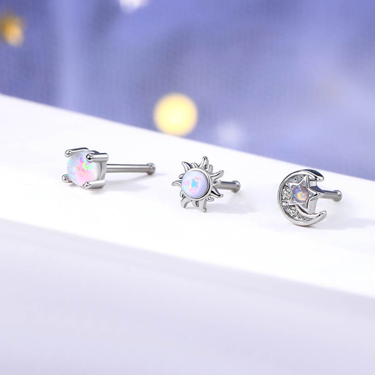 3PCS Synthetic Opal Moon&Star Nose Studs