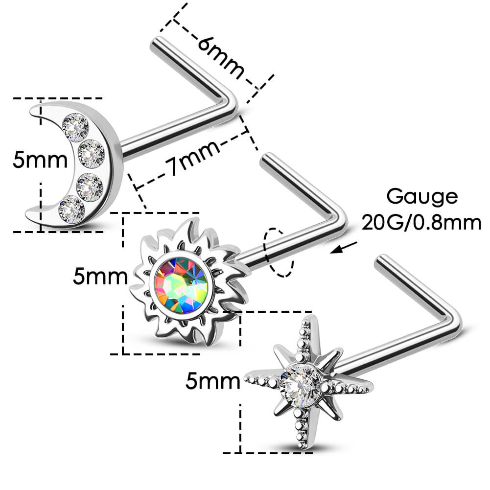 3PCS Sun/Moon/Star Nose Stud Set