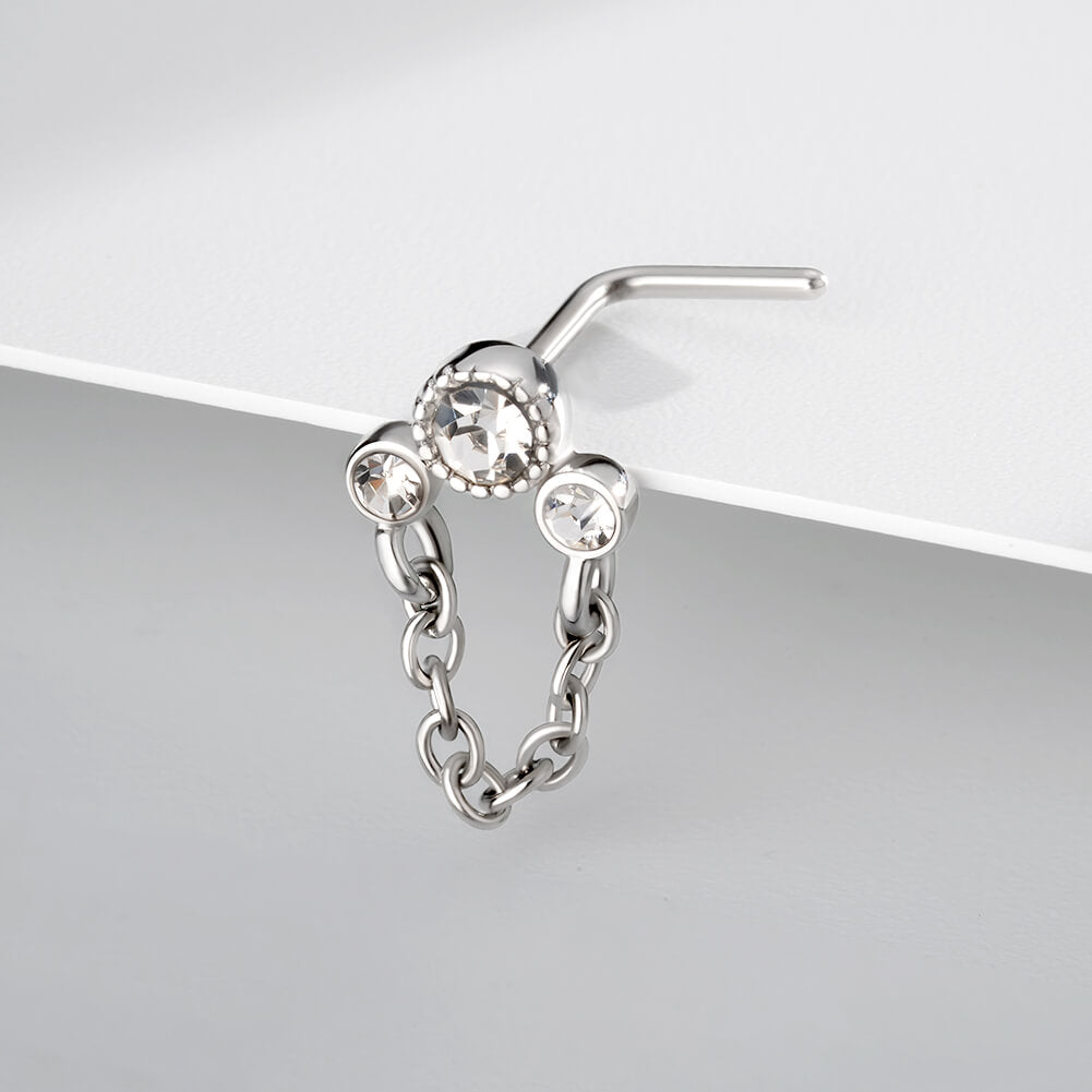 CZ Bezel Setting Dangle Chain Nose Stud