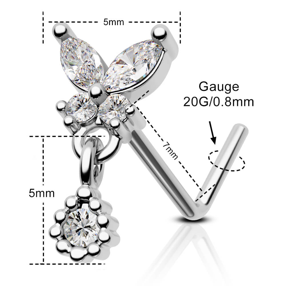 Round CZ Dangle Butterfly Nose Stud