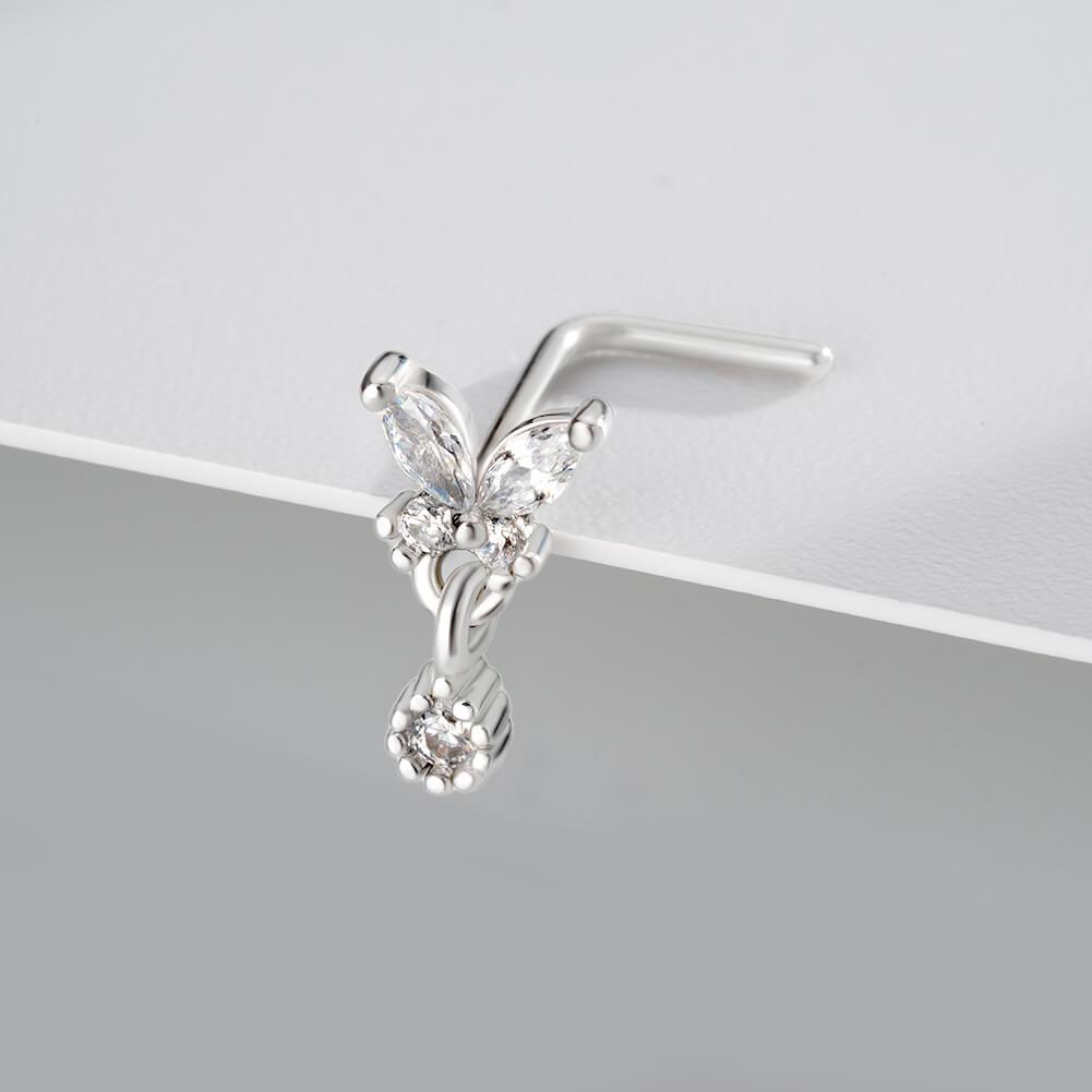Round CZ Dangle Butterfly Nose Stud