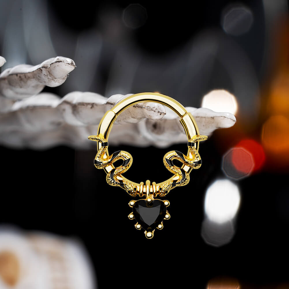 Snake Black Heart Gem Dangle Septum Ring