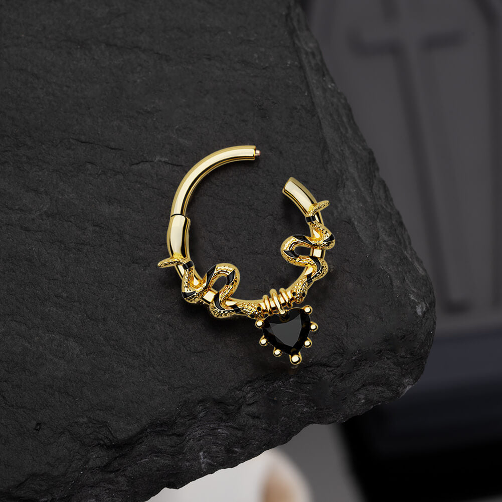 Snake Black Heart Gem Dangle Septum Ring