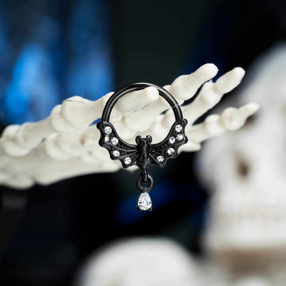 Bat Clear CZ Dangle Hinged Segment Septum Ring Helix Earring