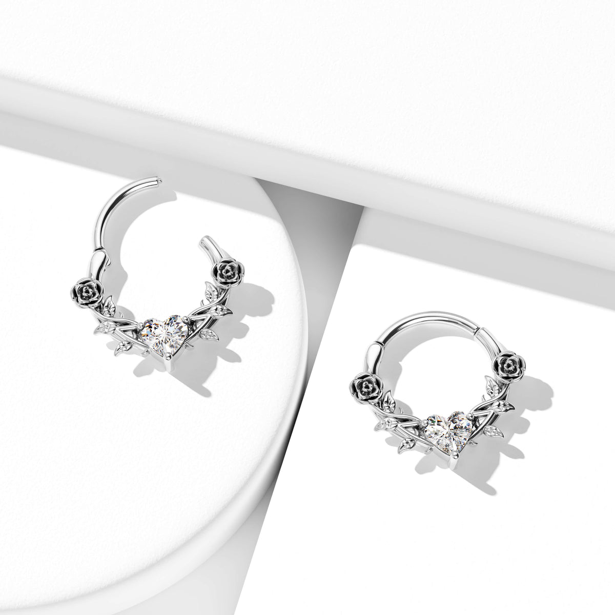 Rose Love Heart CZ Gem Clicker Septum Ring