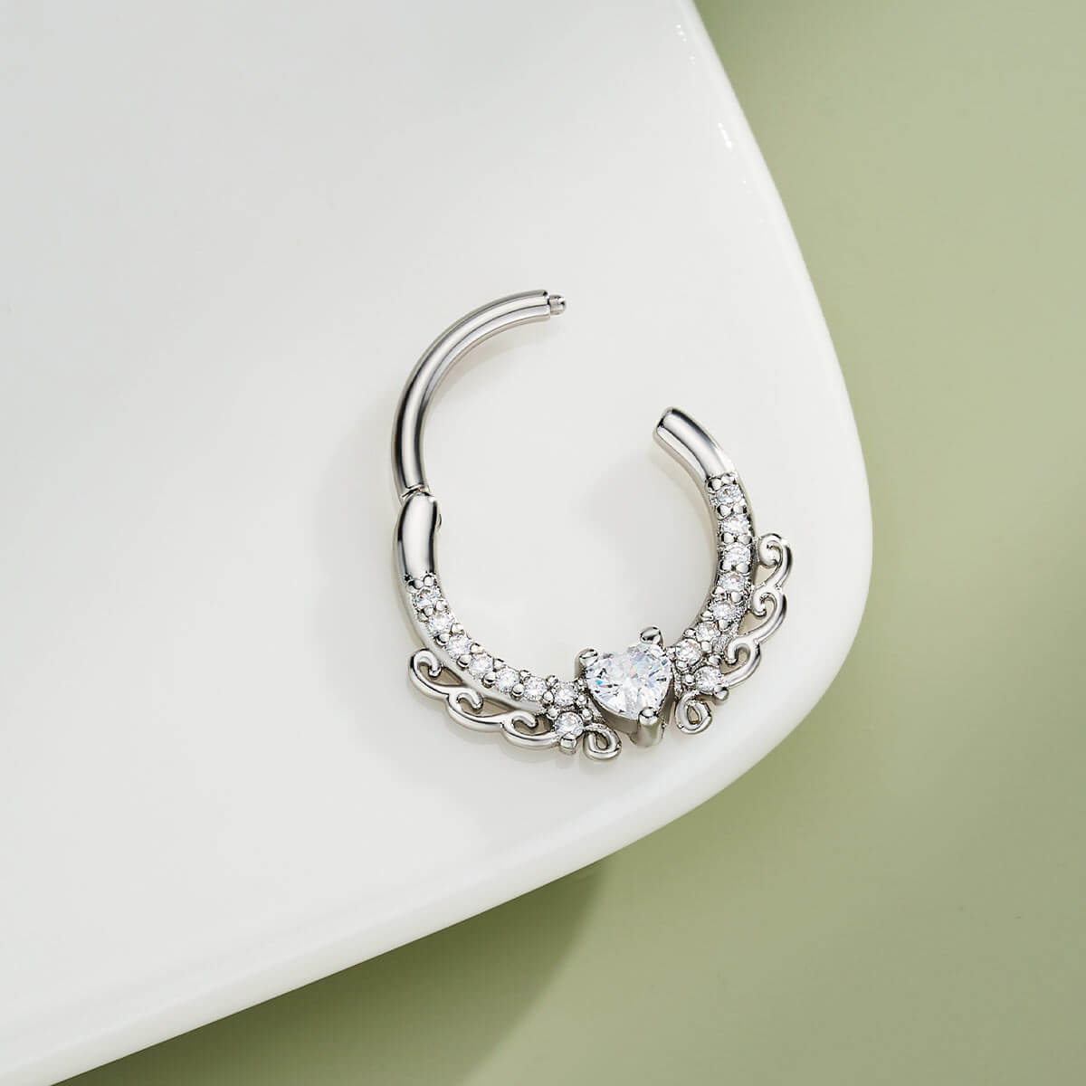 Elegant Heart CZ Hinged Segment Septum Ring