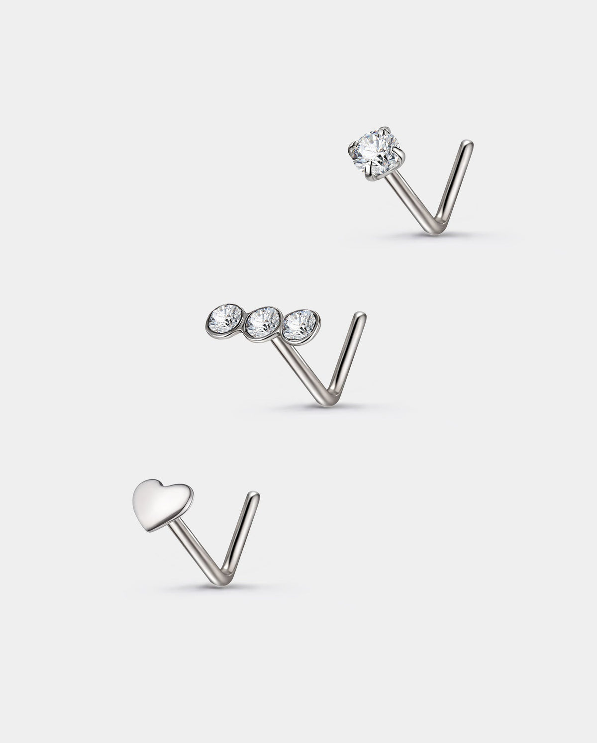3PCS CZ & Flat Heart Titanium Nose Stud