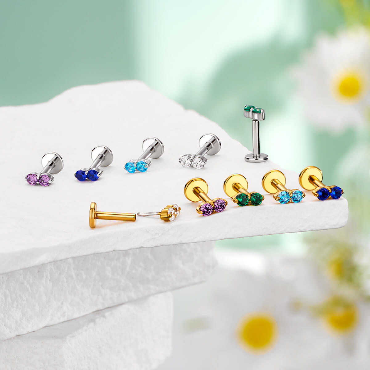 Double CZ Threadless Push Pin Helix Stud