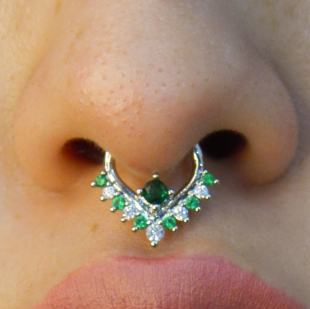 Green & Clear CZ V-Shape Clicker Septum Ring
