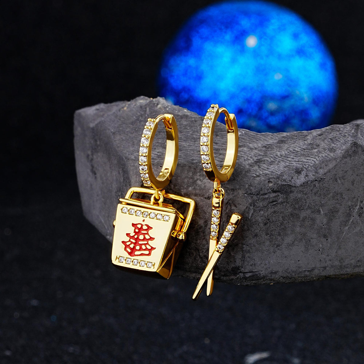 2PCS Chinese Take Out Container & Chopsticks 18K Plating Hoop Earring