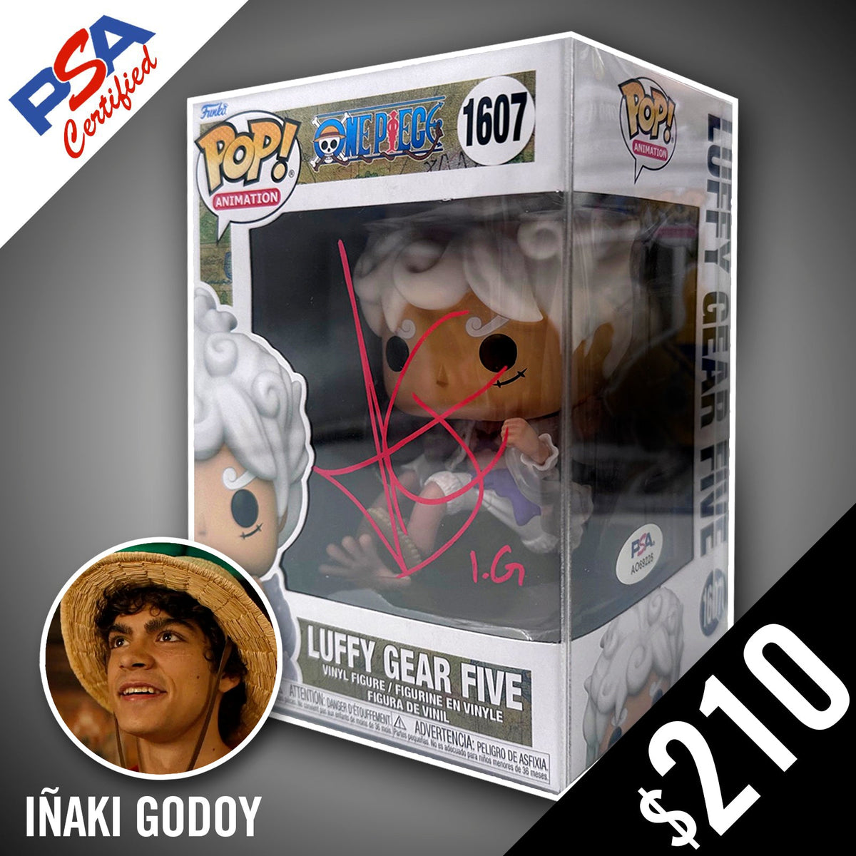 Funko Pop! One Piece: Luffy Gear Five (Common) #1607 - SIGNED by Iñaki Godoy (PSA Authenticated)